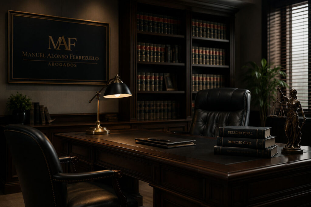 Interior elegante del despacho Alonso Ferrezuelo Abogados con biblioteca jurídica, mesa de abogado y ambiente profesional.