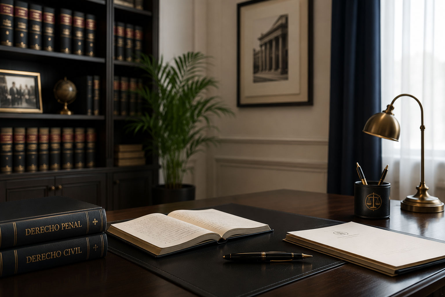 Despacho jurídico elegante con libros de derecho, escritorio profesional y ambiente corporativo orientado a la formación y vocación jurídica.